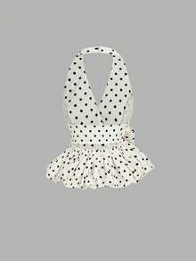 SHEIN MOD V-Neck Halter Bubble Hem Women's Top With Oversized Bow, Date Top, Vacation Top, Picnic Top, Brunch Top, Party Wear, Y2K, Tube Top,Vintage,Retro, Women's Club Wear,Elegant Women's Top, Off-The-Shoulder Top, Women's Wedding Guest Dress, Cute Top, Women's Crop Top - Black and White - View 3