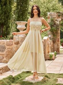 KARISMINA Women's Spring Summer Vacation Beige Solid Color Frill Trim Ruched Elegant Waist Midi Dress, Suitable For Elegant Vacation/Resort Wear, Spring/Summer,Wedding Guests Dres - Pale Yellow - View 1