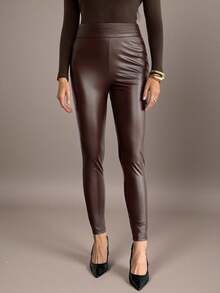 SHEIN Tall 女士大码简约日常约会旅行穿着优雅派对纯色红棕色咖啡棕色弹力PU修身打底裤 - 棕色 - 查看 4