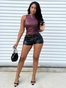 Alexandranx Women Solid Ruched Crew Neck Casual Camisole - Burgundy - View 1