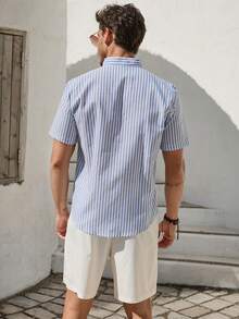 VIVINTIMO Men's Stripe Printed Patch Pocket Front Button Casual Short Sleeve Shirt - Blue - View 2