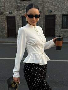 DAZY Elegant Ruffle Hem White Blouse For Women - White - View 3
