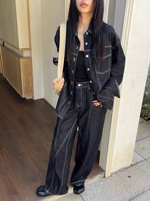 Livesso 女士宽松牛仔外套和休闲牛仔裤套装 - 藏蓝色 - 查看 7