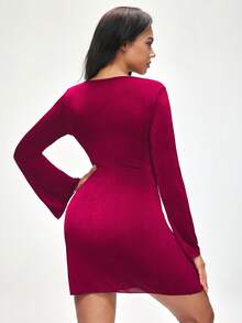 SHAPORA Ropa de dormir cómoda y elegante con ajuste ceñido, vestido corto de manga larga para mujeres - Burdeos - Ver 3