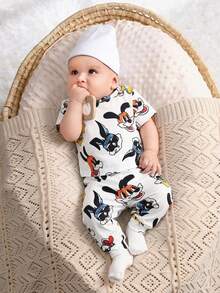 SHEIN 2pcs Baby Boy Cute Bear Pattern Short Sleeve Knit Pajama Set - Multicolor - View 4