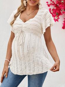 SHEIN 孕妇纯色荷叶边前系带短袖休闲T恤 - 米色 - 查看 4