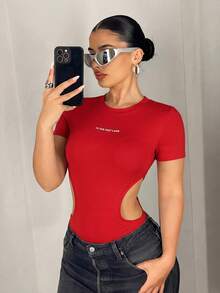 SHEIN ICON Y2K Style Women's Black High Stretch Hollow Out Lightweight Seamless Knit Bodysuit Bodysuit - Red - View 1