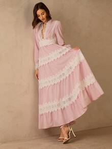 Enchnt Spring/Summer Romantic Women's Pink Floral Embroidery Lace Trim Long Sleeves Maxi Dress,Sweet&Elegant For Vacation&Date&Holiday&Going Out&Valentine's Day,Spring Outfit Women - Pink - View 6