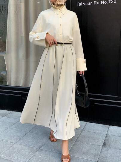 Veilorie New High Waist Slimming Contrast Color Striped A-Line Comfortable Casual Daily Versatile Beach Holiday Skirt