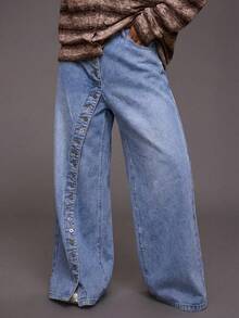 MUSERA Quần jeans ống rộng dáng rộng, chất liệu wash, với chi tiết cúc cài nổi bật, thích hợp mặc mùa đông, thường ngày, phong cách đường phố cá tính. - Rửa nhẹ - Xem 1