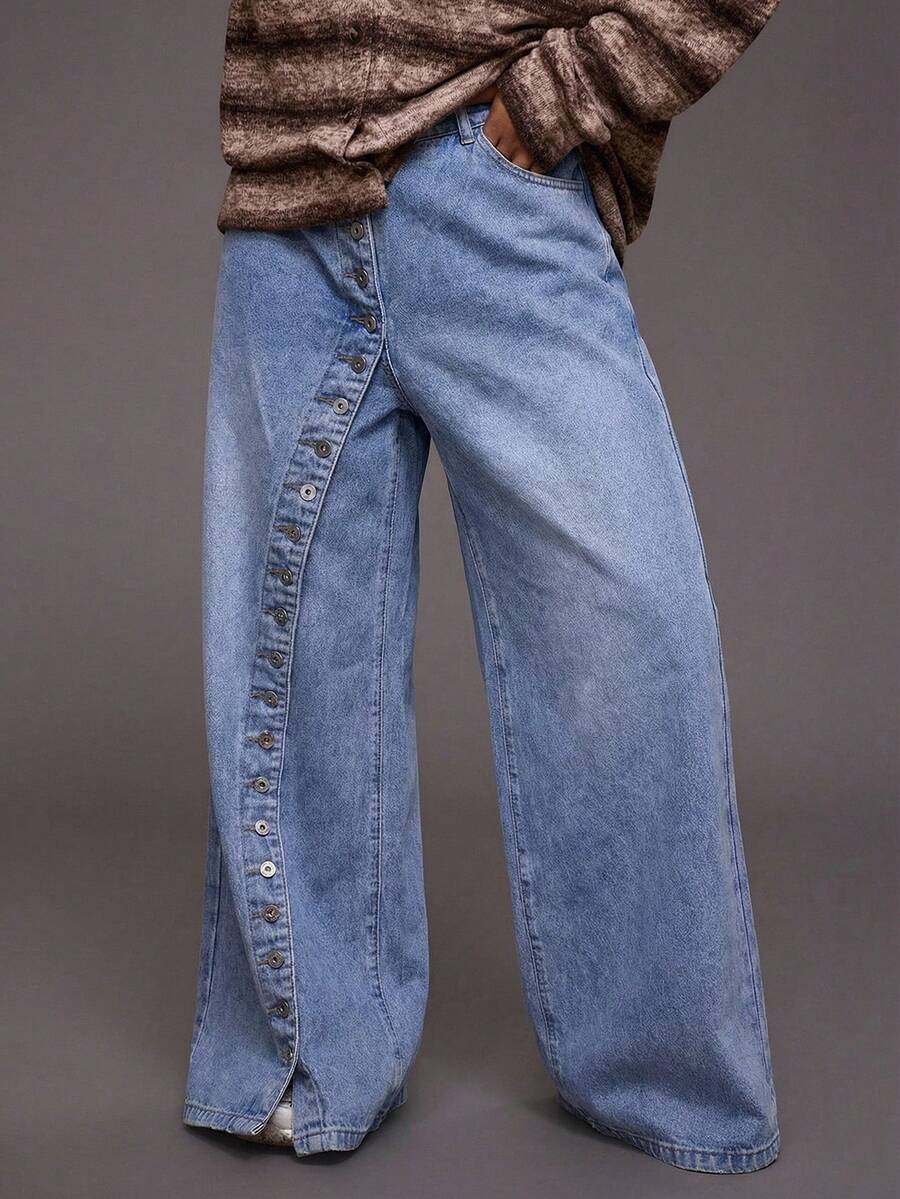 MUSERA Quần jeans ống rộng dáng rộng, chất liệu wash, với chi tiết cúc cài nổi bật, thích hợp mặc mùa đông, thường ngày, phong cách đường phố cá tính. - Rửa nhẹ - Xem 1