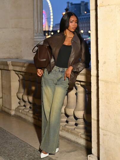 Mima John 秋季新款宽松休闲PU女式夹克，秋季女装