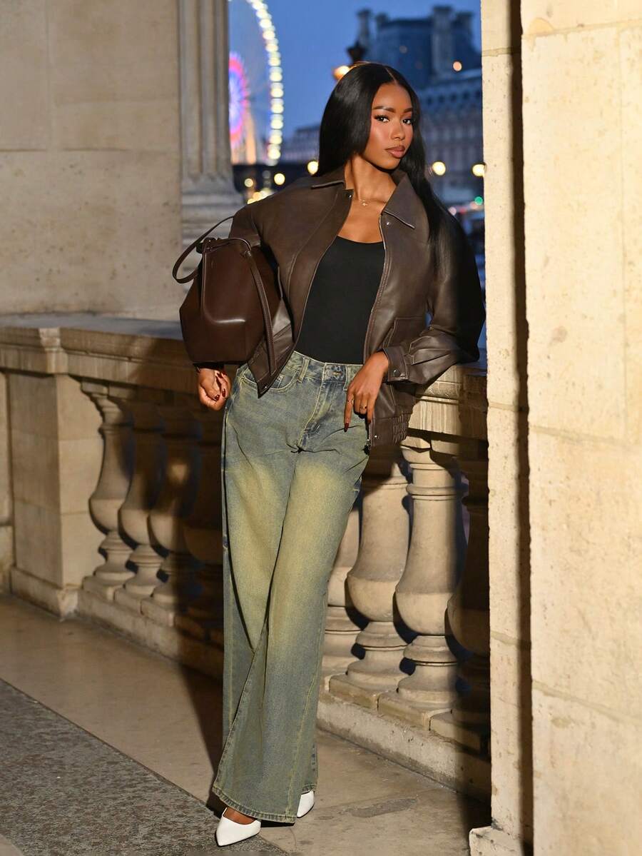 Mima John Autumn New Loose Casual PU Women's Jacket,Fall Women Clothes - Brown - View 1