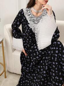 Yasmyna Women's Black Woven Floral Print Long Sleeve Ruffle Collar Elegant Arabic Dress, Spring/Summer - Black - View 7