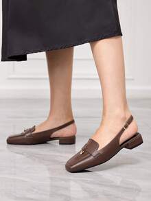 Sleekvia Women Shoes Square Toe Short Medium Heel Brown Back Strap Classic Simple Fashion Basic Comfortable Commuting Versatile Go To Work Shopping Ladies Flat Shoes Back Strap Empty Shoes - Coffee Brown - View 5
