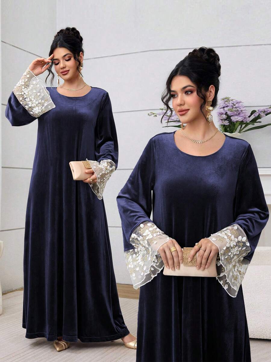 Al Najma Áo dài tay cổ tròn thêu lưới - Màu xanh lam - Xem 1