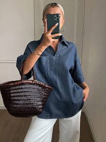 Livesso Women's Casual Loose Denim Blouse, New Arrival For Autumn - Blue - View 3