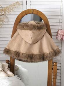 SHEIN Young Girl And Young Girl Fuzzy Trim Hooded Cape Coat, Suitable For Pairing With Sweaters, Dresses, Pants, Sets, T-Shirts, Ideal For Daily Outings, Fashionable And Versatile, Autumn/Winter - Camel - View 2