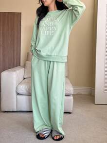 DAZY 2pcs Women Graphic Print Loose Fit Long Sleeve Sweatshirt And Straight Leg Pants Pajama Set, Autumn/Winter - Green - View 5