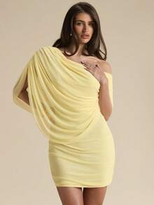 SHEIN BAE 1 chiếc đầm mini nữ màu vàng/kem trơn, kiểu dáng trễ vai, xếp ly, ôm sát, thanh lịch, đầm xếp nếp. - Vàng nhạt - Xem 5
