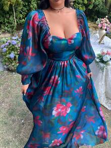 Lyrianda 大码优雅复古欧根纱数码印花泡泡袖A字连衣裙 - 彩色 - 查看 7