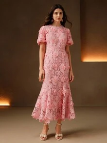 Anewsta Đầm dài thanh lịch dành cho nữ, màu hồng nhạt, chất liệu ren tan trong nước, cổ tròn, tay cánh hoa, viền bèo nhún, ôm sát cơ thể. - Hồng - Xem 6