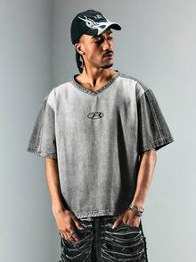 ROMWE MEN Street Life Áo denim hai màu cổ chữ V thường ngày cho nam - Màu Xám nhạt - Xem 5