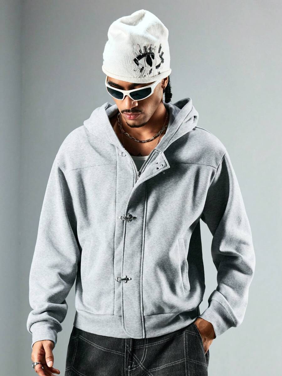 ROMWE MEN Street Life Men's Casual Versatile Airplane Buckle Hoodie Sweatshirt, Gray - Grey - View 1