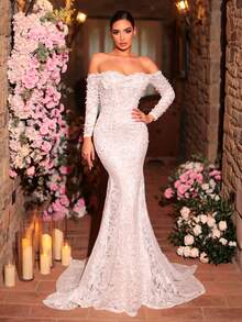 Glamrae 优雅奢华的珍珠串珠蕾丝薄纱袖鱼尾长裙，带拖尾，适合婚礼、派对、度假、舞会、新娘等场合。 - 白色 - 查看 4