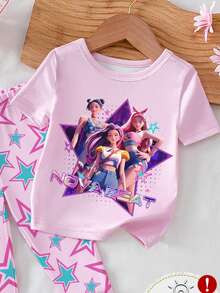 1 Set Pijama de top de manga corta y pantalones de ajuste ceñido con diseño de cuello y puños con gráfico de banda para niñas jóvenes, primavera/verano - Rosa - Ver 5