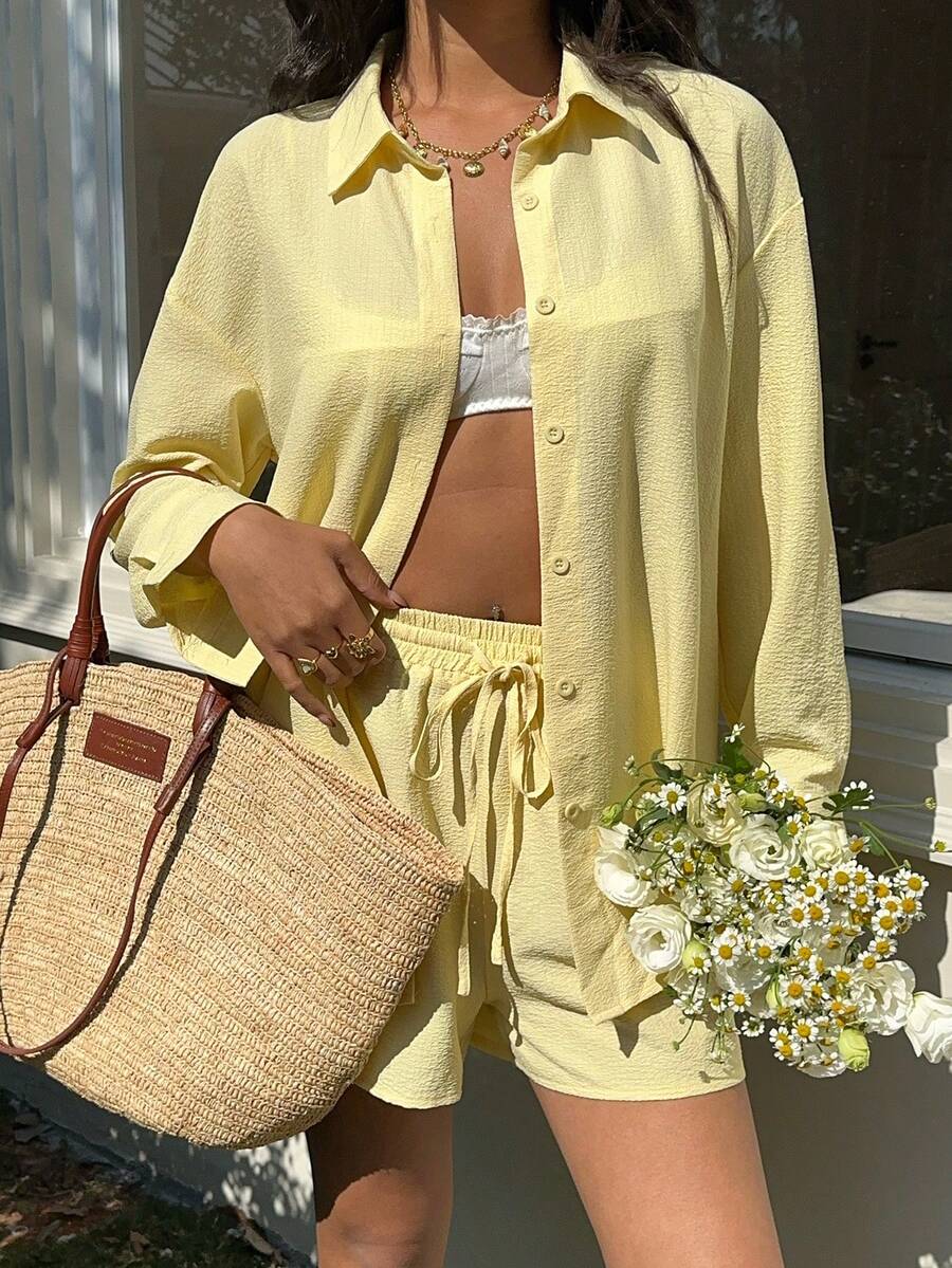 SHEIN EZwear Summer Outfits  Women's Casual Simple Yellow Woven Button-Front Shirt And Shorts 2 Pieces Set, Summer - Yellow - View 1