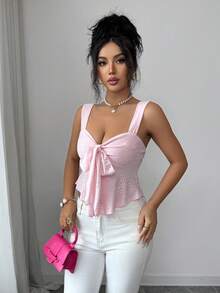 SHEIN Elenzya Women's Sweet Romantic Vacation Camisole, Pink Textured Knit Sleeveless Top Cute Tops Bow Tops For Women Baby Pink Top Women's Vest Tops Yacht Outfit Women - Pink - View 6