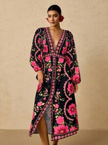 Travachic Plus Size Women's Black & Red Floral Print Maxi Dress, V-Neck Long Sleeve Long Dress, Autumn Dress - Pink - View 5