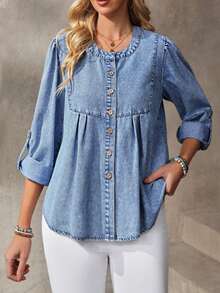 EMERY ROSE 女士圆领单排扣休闲日常牛仔衬衫 - 藍色 - 查看 7