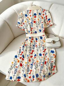 SHEIN Franclia 女士碎花连衣裙、女士泡泡袖连衣裙、女士系腰连衣裙 - 彩色 - 查看 2