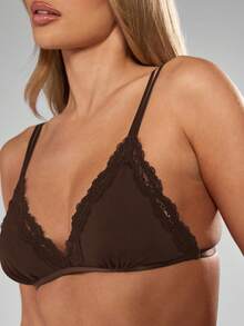 MISSGUIDED 蕾丝边三角文胸丁字裤内衣套装，可调节肩带，深V领口，女士贴身内衣 - 棕色 - 查看 5