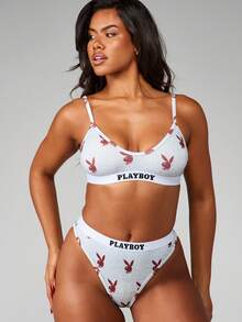 Missguided x Playboy 兔子印花V领文胸和高腰丁字裤内裤套装，带松紧带 - 灰色 - 查看 4