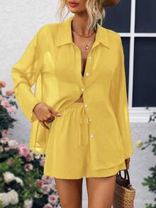 Selianne 3pcs Women's Mesh Front Opening Long Sleeve Set - Yellow - View 4