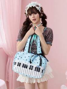ROMWE Anime 1 pieza Bolso de mano de mujer con estampado de lunares, parche de corazón con lazo, encaje y arte pop, adecuado para compras y campus. 2da generación Bolso transparente con insignia de nota musical y muñeca para festivales de música - Azul menta - Ver 5