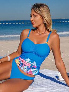 Swim Lushoire Women's Tropical Floral Print Front Hem Camisole Tank Top - Blue - View 1