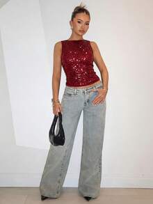 SHEIN BAE Women's Black Solid Color Sleeveless Backless Sequin Sparkly Sheer Crop Top, Suitable For Concerts, Music Festivals, Clubs - Burgundy - View 3