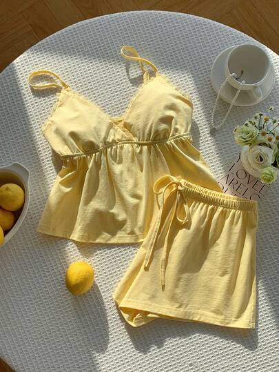 CovetEZ 2/Pcs Women's Clothing 2026 New Spring Two-Piece Set, Casual Basic Versatile Comfortable Sleepwear Adjustable Women's Sweet Spring Solid Color Lace-Trimmed Camisole Top And Shorts Set Women Summer Sets