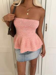 CovetEZ Women's Casual And Sweet Summer Style, Featuring A Ruffled Hem, Strapless Design, And A Gradient Knit Top. - Yellow - View 4