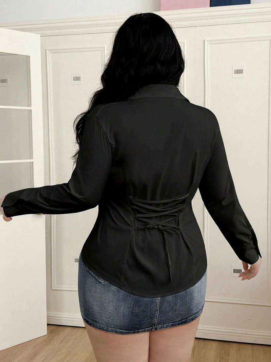 CovetEZ 加大码白色绷带纽扣衬衫，春夏款 - 黑色 - 查看 1