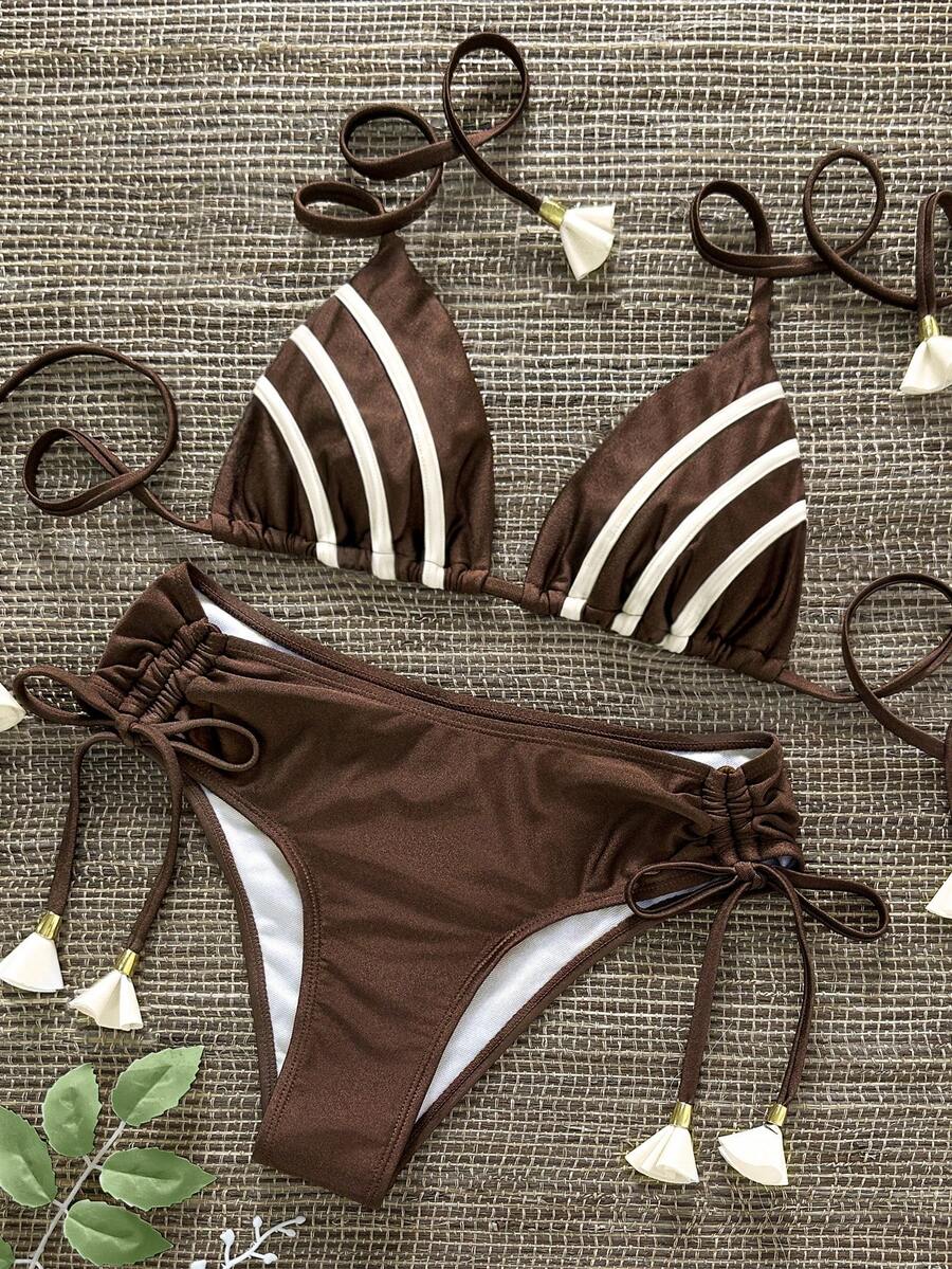 Swim Vcay Backless Tie-Up Design, Waist Drawstring Elegant Vacation Women Swimsuit Set - Multicolor - View 1