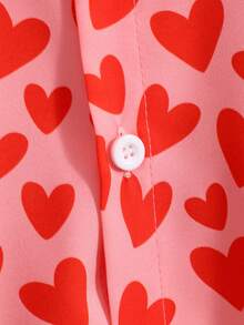 SHEIN Tween Boy Polo Collar Single-Breasted Heart Print Casual Versatile Short Sleeve Shirt - Multicolor - View 3