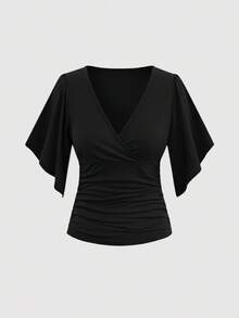 SHEIN PETITE Petite Women's V-Neck Batwing Sleeve Fitted Slim T-Shirt - Black - View 1