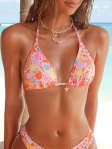 Swim Mod Women's Sexy Backless Knot Halter Bikini Top With Starfish & Shell Print, Suitable For Beach & Holiday - Multicolor - View 7