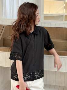 Dazy Kids Tween Girl Contrast Lace Short Sleeve Single-Breasted Casual Shirt - Black - View 4