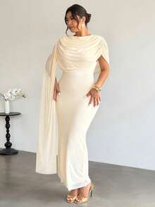 Firerie 大码优雅休闲度假沙滩浪漫音乐节褶皱领口飘逸透视弹力修身连衣裙，适合女性通勤、工作、办公室穿着。 - 酒紅色 - 查看 3